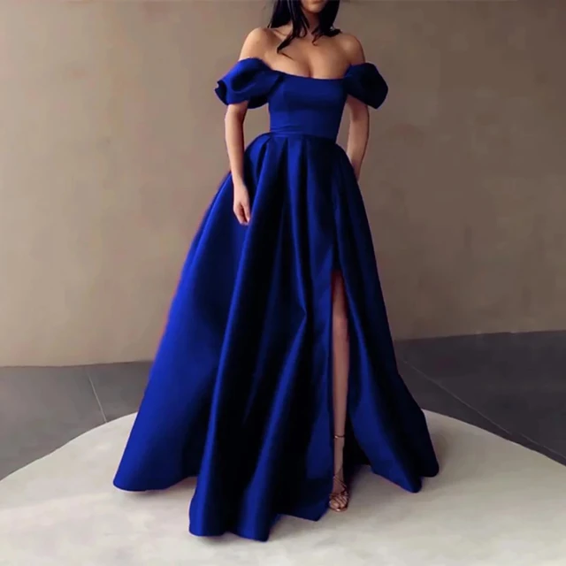 Custom Color Royal Blue Satin Prom Dresses Strapless Off the Shoulder Split Evening Dresses Pleated A-Line Long Formal Gowns 1