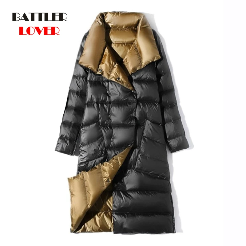 Женский Двусторонний пуховик из 100% белого утиного пуха длинная Теплая стеганая