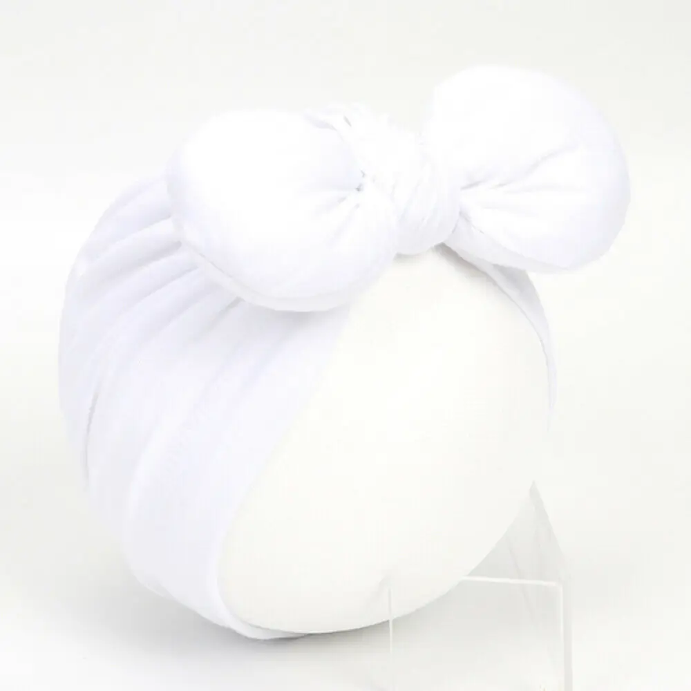 White Newborn Toddler Baby Girls Turban Soft Silk Beanie Big Bow Hat Cap Wrap Headwear Headband Hats Accessories Candy Color Cute - Color: White