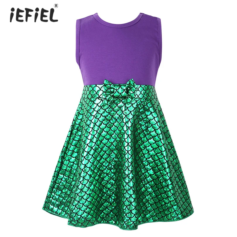 Платье детское глянцевое без рукавов с круглым вырезом и принтом в виде рыбьей