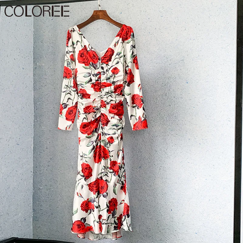 

Korean Fashion Vintage Floral Printed Midi Mermaid Dresses for Women 2021 Spring Summer Runway Long Sleeve Vestidos