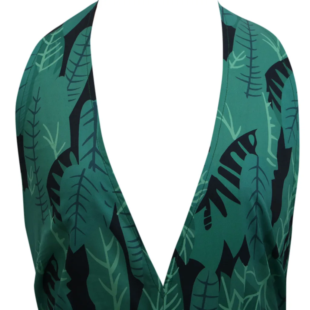 

New Fashion Women Jumpsuit Print Leaves Lace-Up Wide Leg Jumpsuit Sexy Slim Jumpsuit combinaison short femme #D