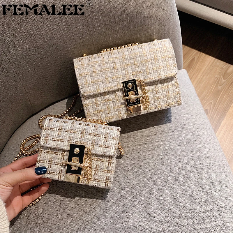 

Mini Chains Weaving Crossbody Bag Women Winter Tweed Wool Handbag Designer Satchels Female Channels Lock Shoulder Messenger Bags