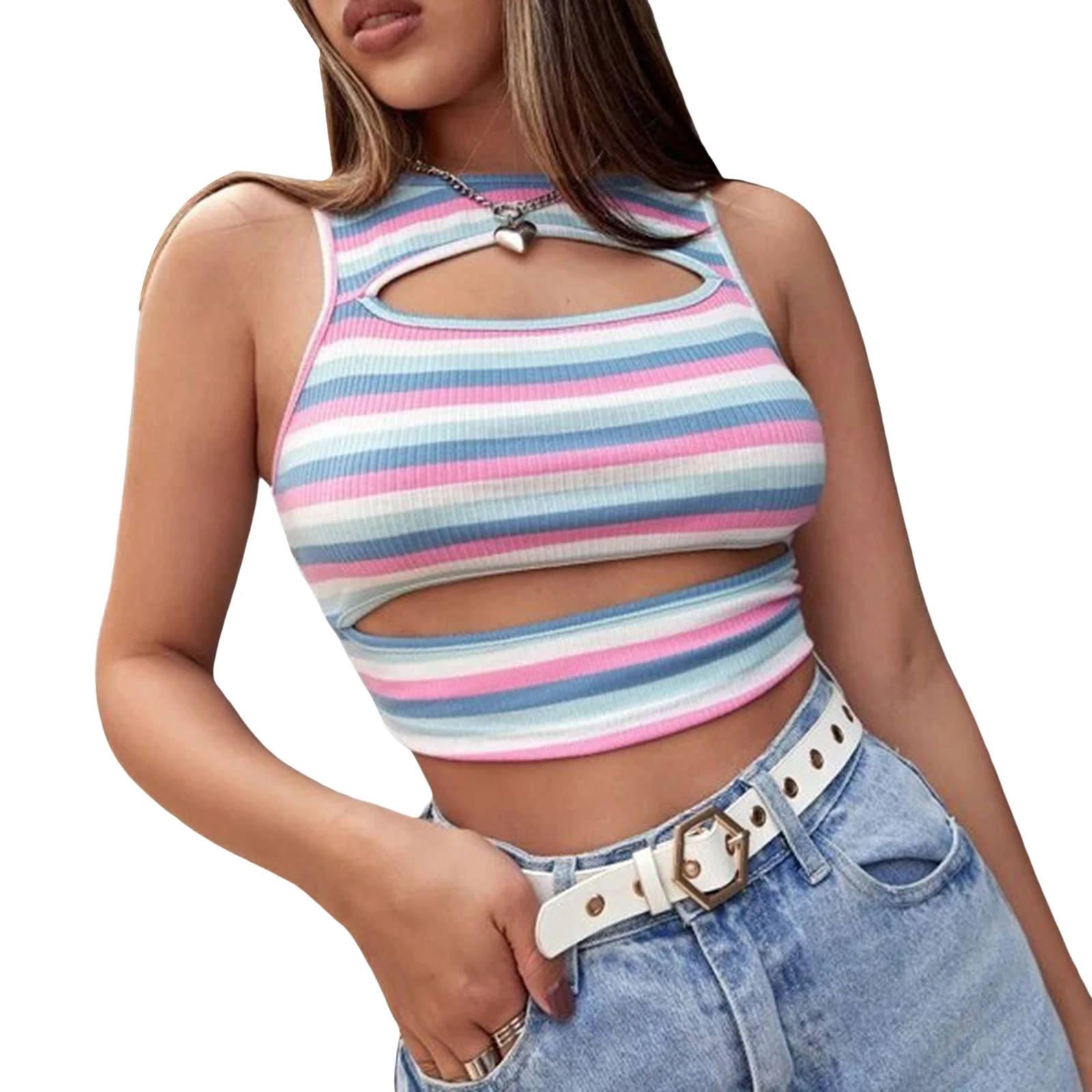 

Пикантные женские топы без рукавов в полоску, облегающий ажурный жилет с круглым вырезом для лета, 2021, новый стиль