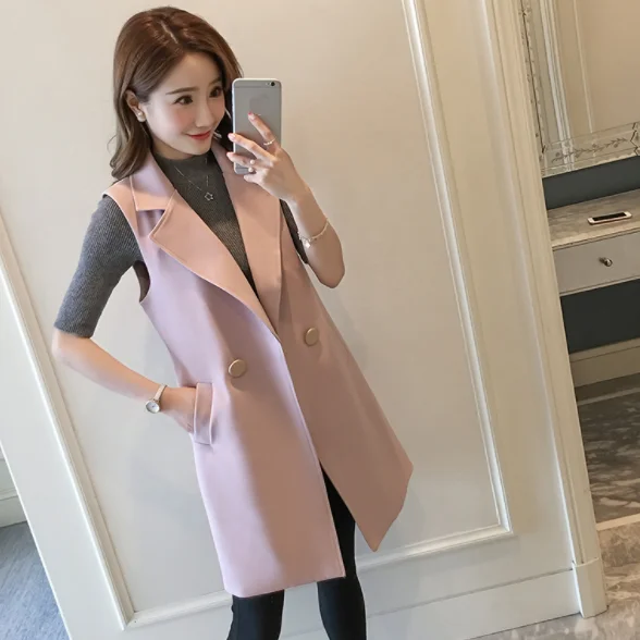 Женский Длинный жилет элегантный черный кардиган без рукавов жакет DA474 для весны