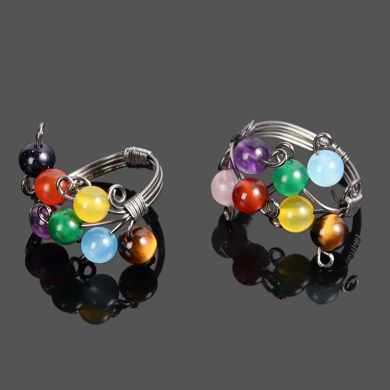 

Natural Semi-precious Stone Rough Ring Ladies Seven Chakras Surround Jewelry Aura Retro Winding Personality Accessories 18-19mm