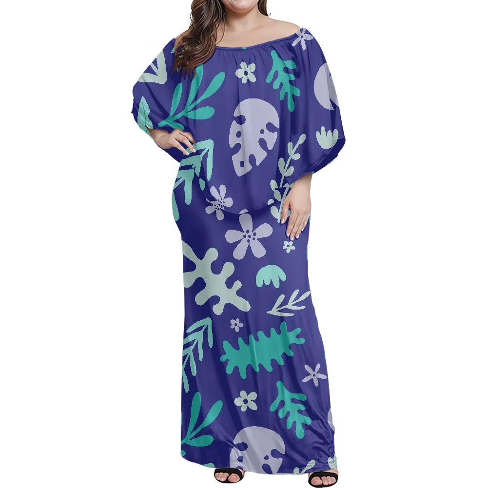 

Elegant Summer Casual Women Dress Polynesian Tribe Palmleaves Blue Bottom Printing Off-The-Shoulder Large Front Reach Long Skirt