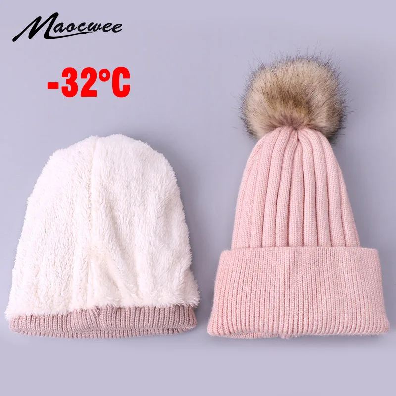 

Beanie Hat Winter Hats For Children With Faux Fur Pompom Outdoor Knitted Warm Thick Hat With Fleece Lined Kids Skullies Beanies