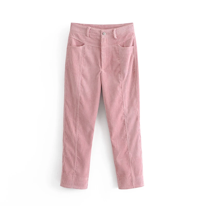 

2020 New Fashion Autumn Casual Chic Corduroy Pink Long Pant Women Fall High Waist Trousers Slim Pencil Pants Female Pantalones