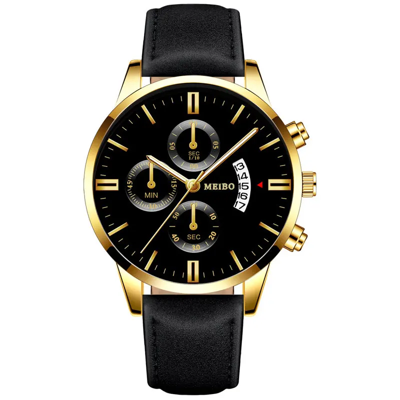 GoldBlack Мужские деловые часы с золотым кожаным ремешком, мужские наручные часы, мужские часы с датой, мужской подарок, Reloj Hombre - Цвет: GoldBlack
