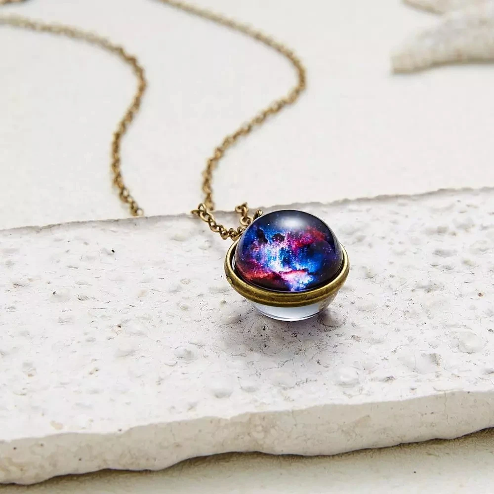 

Personality Universe Planet Double Side Glass Ball Necklace Glow In the Dark Women Men Galaxy Nebula Pendant Necklaces Jewelry