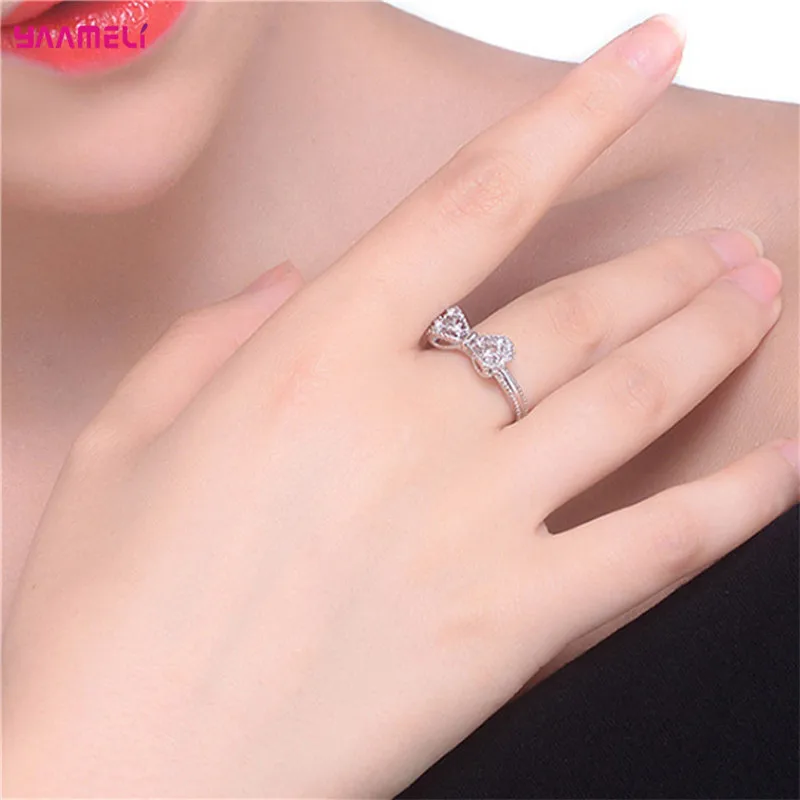 

Korean Sweet Sparkling Bowknot Stackable Ring Micro Pave 925 Sterling Silver Women Christmas Day Gift White Topaz Jewelry