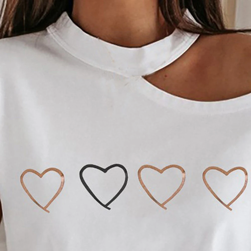 

Women Short Sleeve Halter Cold Shoulder Tree Heart Casual heart Print T-Shirts O-neck Short Sleeve Top Print Loose T-shirt