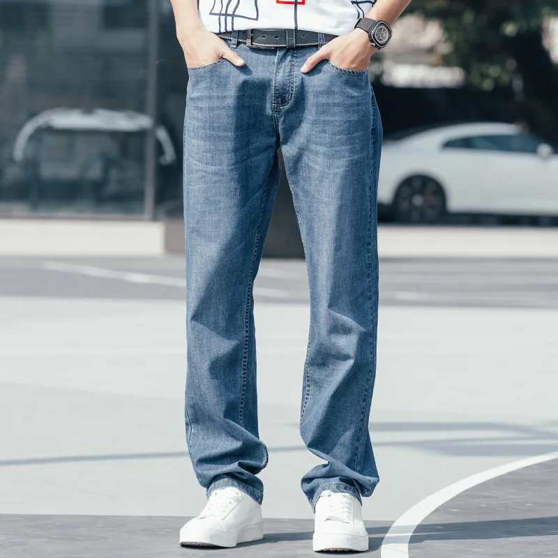 Summer Thin Section Baggy Men Jeans Straight Large Size Loose Breathable Elastic Denim Pants Hip Hop Streetwear Blue Trousers