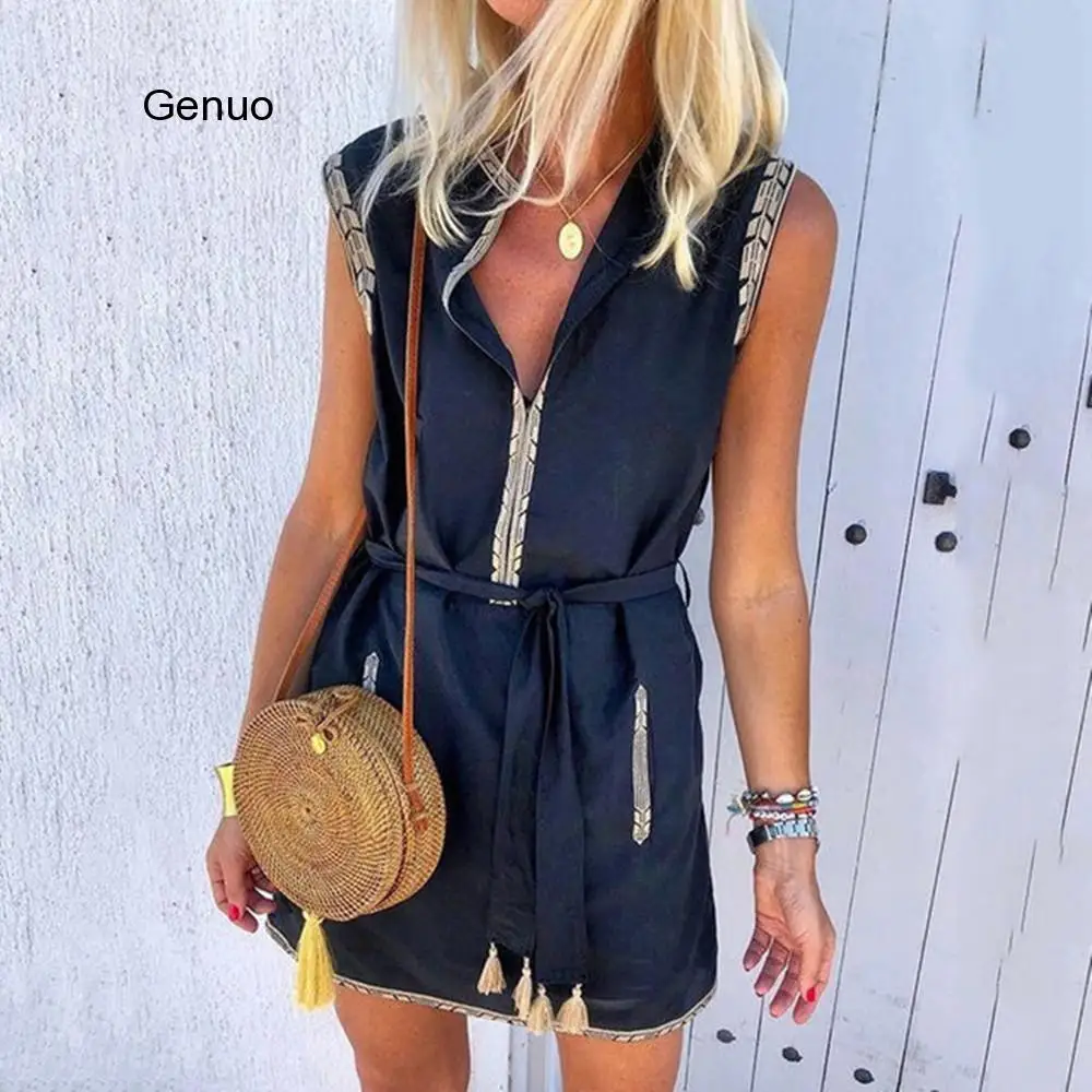 

Retro Short Dress Printed Boho Style Beachwear Tassel Belt V-neck Beach Dresses Women 2020 New Fashion Vestido
