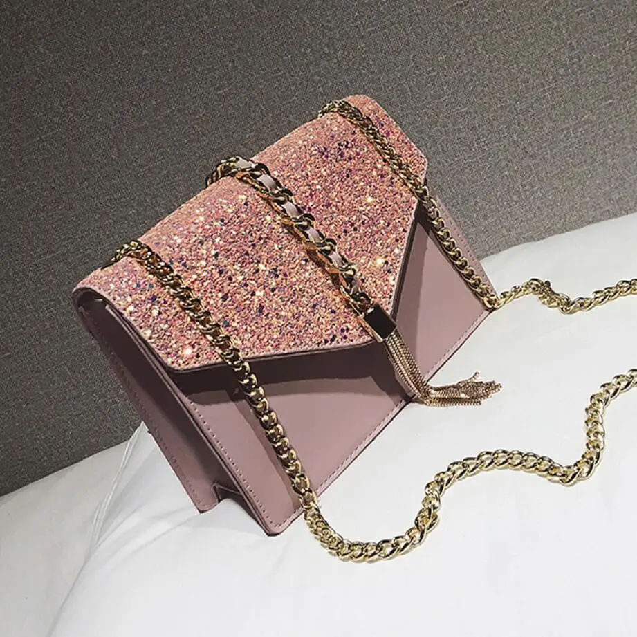 

2020 Fashion New Ladies Sequin Square Bag High Quality PU Leather Women's Designer Handbag Tassel Chain Shoulder Crossbody Bag