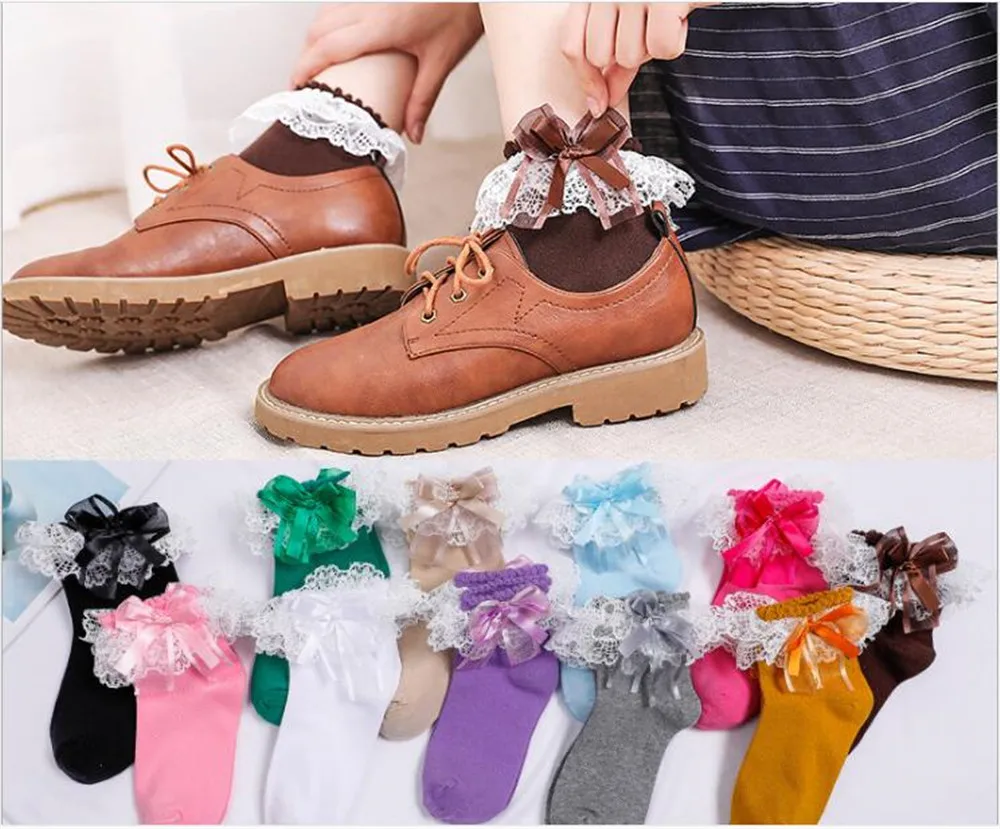 Носки женские хлопковые с кружевным бантом разных цветов B421 | Тематическая