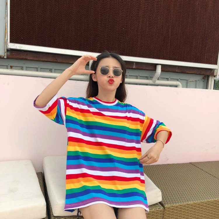 

2020 New T Shirt Women Rainbow Striped Tops Harajuku Tshirt Summer Short Sleeve Korean Punk T-shirt High Quality T-shirts