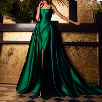 2022 emerald green formal evening dresses for women a line satin sexy split straps mermaid prom wear pageant party gowns long