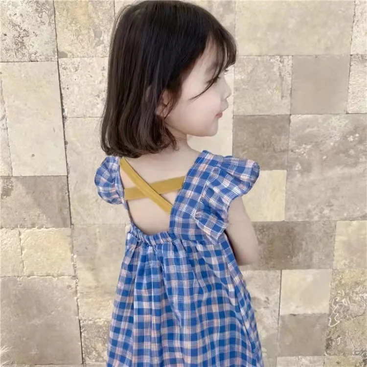 

Summer girl's Cotton hemp dress 2021 new Korean plaid skirt for middle and small children