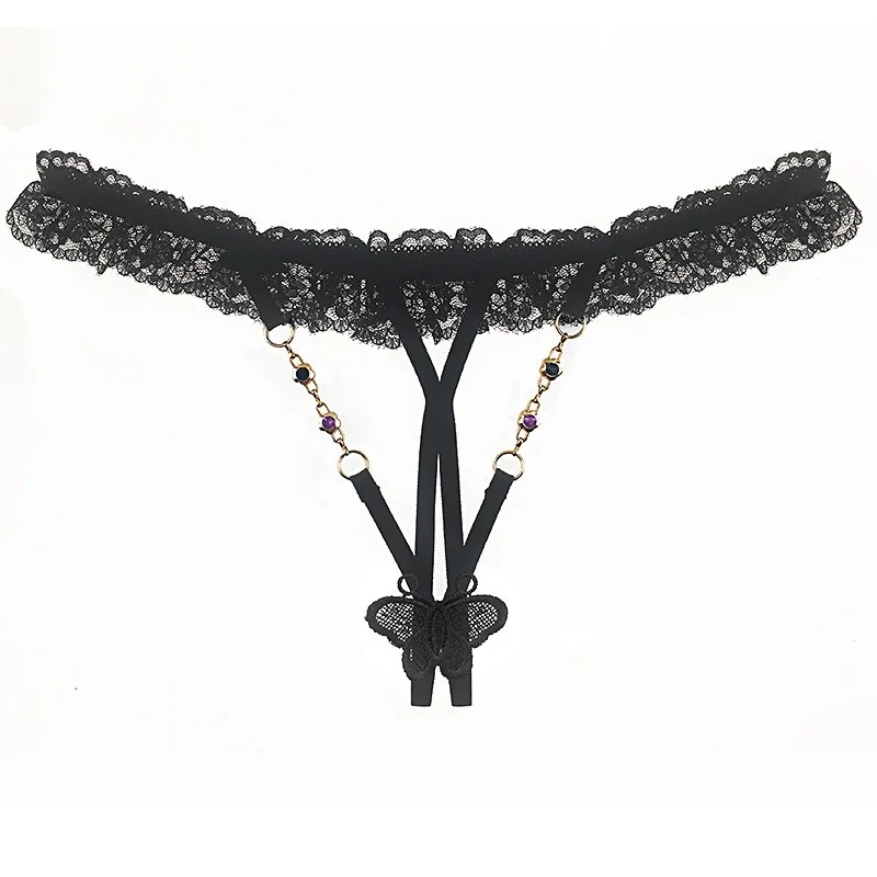 

Artistic Underwear Ladies Diamond Ornaments Transparent Lace Edge Open Crotch Free Take-off Thong Hot Hollow Sexy T-pants