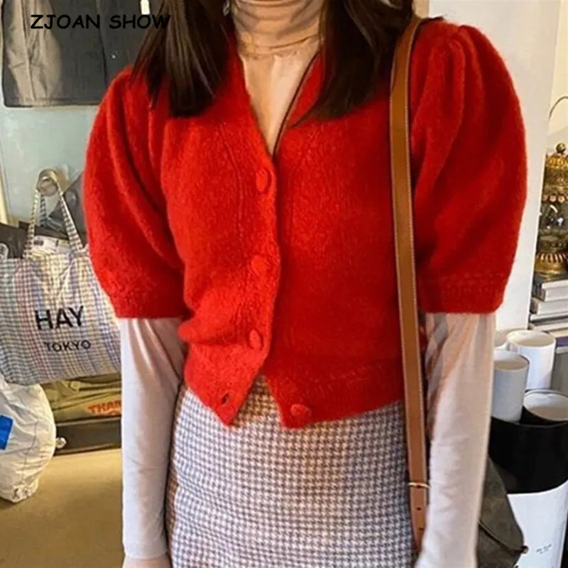 Женский трикотажный кардиган с пуговицами красный свитер пупком и коротким
