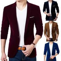 2021 korean men blazer casual men autumn long sleeve lapel collar button pocket decor velvet slim blazer jacket party dresses