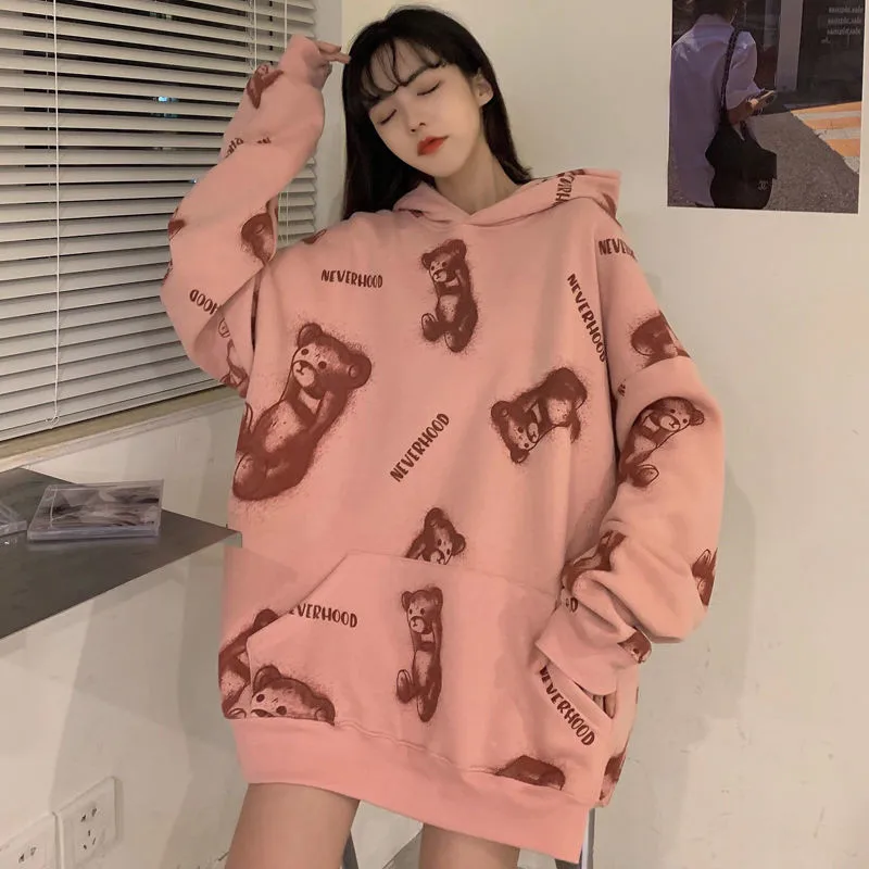 

Autumn Hoodies Holiday Chic Black White Pink Women Sweatshirts Fashion Japan White Cute Cartoon School High Street Hoodie Tops