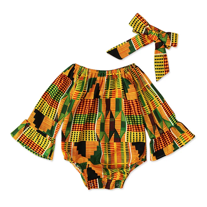 

Children African Jumpsuit African Clothes Baby Girl Summer Long sleeve Romper Ruffle Bodysuit Jumpsuit+Headhand Toddler Outfits