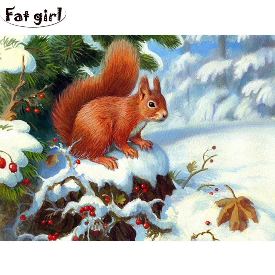 Картина из страз Fat girl алмазная вышивка белка в снегу полноразмерная Мозаика