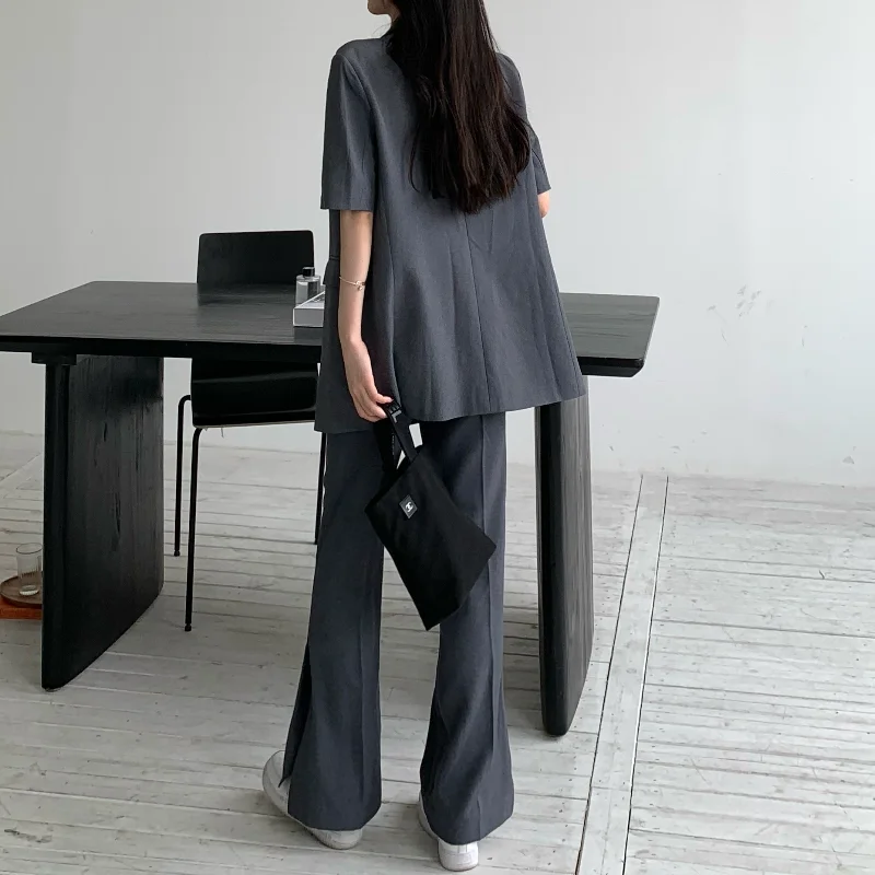 

Bornladies Blazer Suits OL Two Piece Sets Women Short Sleeve Blazer+High Waist Full Length Flare Pant Office Lady Business Sets