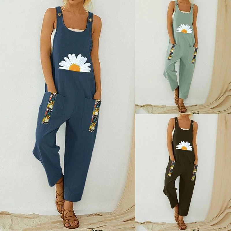 

2021 Women Floral Daisy Print Jumpsuits Casual Boho Pocket Romper Long Playsuit Strap Button Capris Women Bodysuit Dropshipping