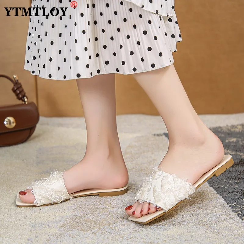 

Fashion Women Slippers Summer Leather Band Peep Toe Flat Sandals Luxury Ladies Slides Shoes Big Size 42 Fur Slides Flip Flops