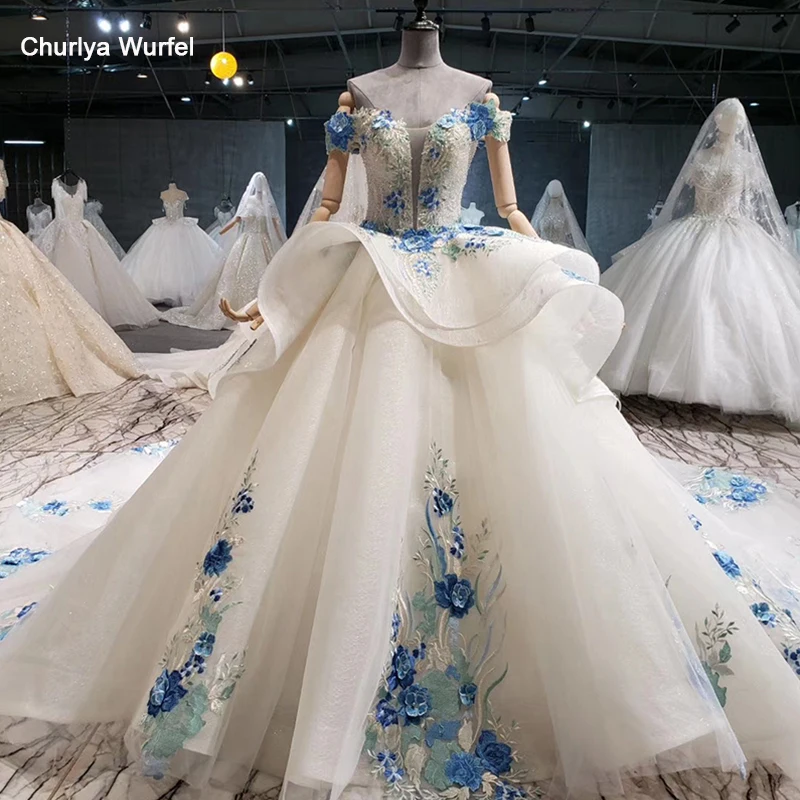 HTL1019 дешевое свадебное платье голубого цвета с цветами открытыми плечами Милое