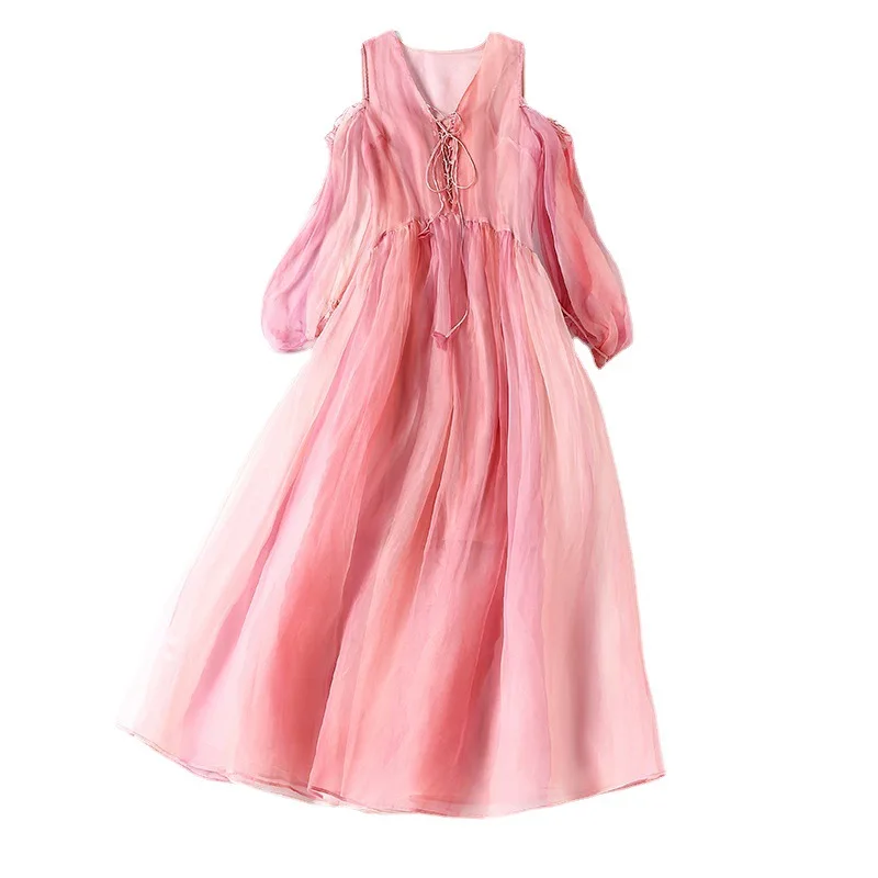 

Summer silk silk Organza high waist pink slim temperament commuter solid off shoulder medium length dress for women