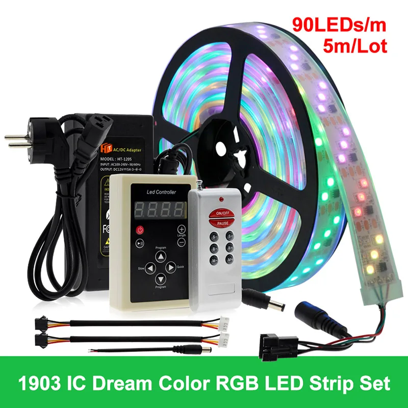1903 90 LEDs -M 6803 1903 IC цветная светодиодная лента с эффектом "Бегущая Волна" светодиодная полоса света струящаяся вода свет 5050 цвета сменные полосы+ 133 программа RF контроллер+ адаптер - Испускаемый цвет: 1903 90 LEDs -M