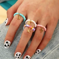 fashion new boho summer beach colorful rice bead elastic rings for women adjustable moon star cactus ring female party jewelry