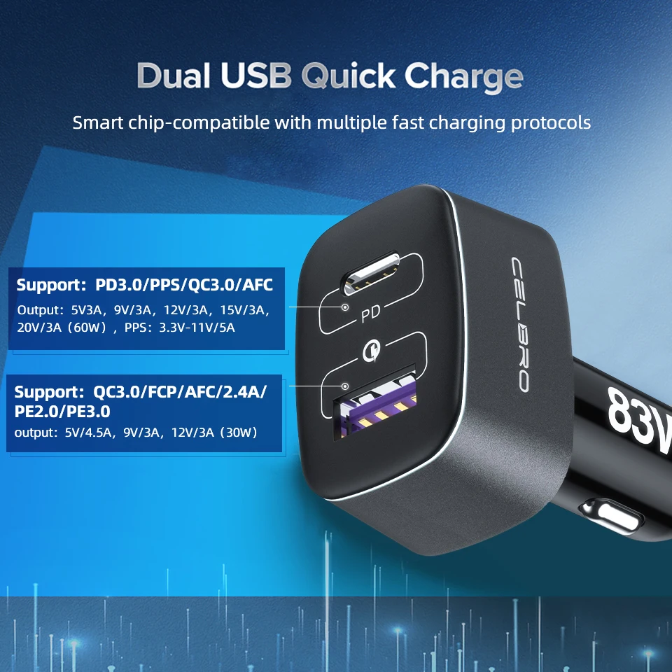 Супербыстрое автомобильное зарядное устройство 83 Вт USB C PD/PPS 65 Вт/45 адаптер