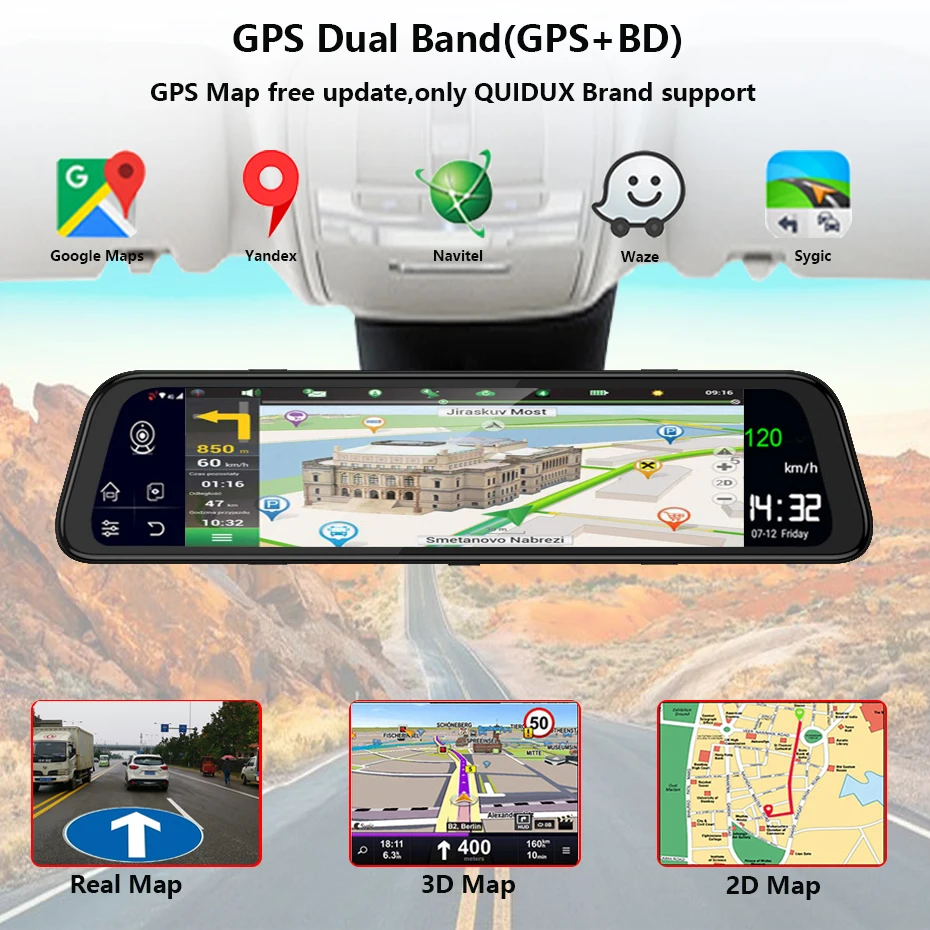 Зеркало заднего вида QUIDUX 12 дюймов 4G Android 8 1 2 Гб ОЗУ + 32 ПЗУ GPS навигация
