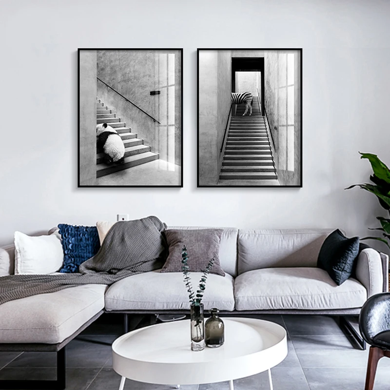 Черно-белые животные принты панда Жираф Зебра подъем по лестнице настенная