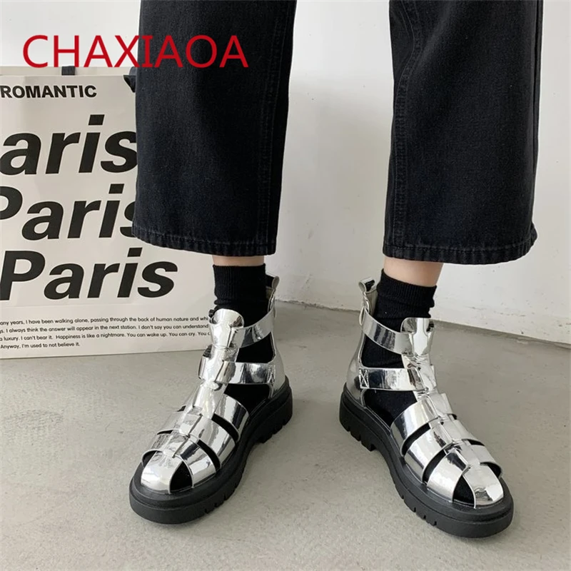 

CHAXIAOA Black Silver Laser Women Summer Gladiator Sandals Round Toe Buckle Strap Ladies Platform Shoes Woman Hollow Flat Sandal