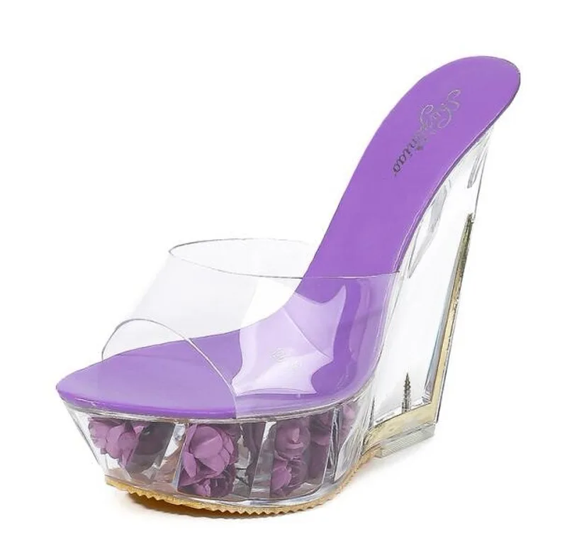Обувь женские шлепанцы на высоком каблуке Летние Прозрачные Свадебные туфли со