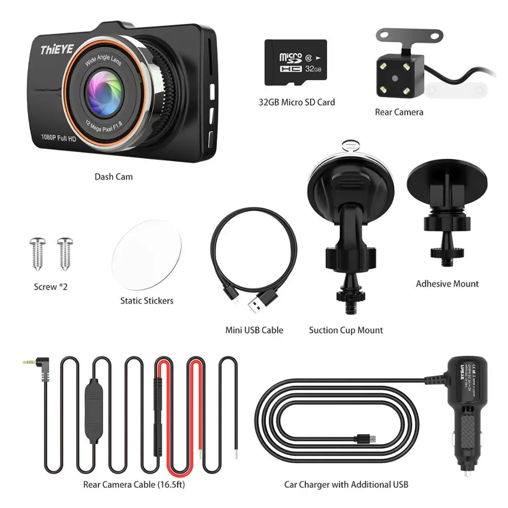 Видеорегистратор ThiEYE Carbox 5R 1080P Full HD фронтальная камера с водонепроницаемостью 720P