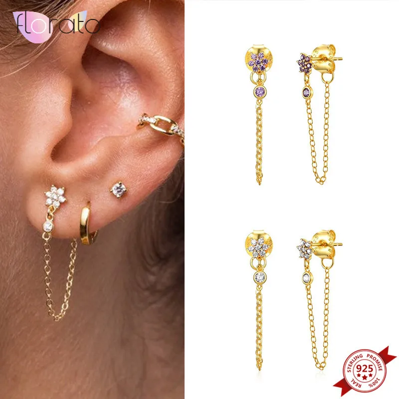 

925 Sterling Silver Ear Needle Chain Crystal Flower Stud Earrings for Women Minimalist Tiny Earrings Wedding Party Jewelry Gifts