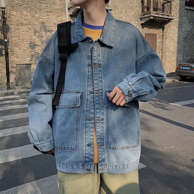 

Vintage Oversized Men'S Denim Jacket Casual Loose Autumn Coats Turndown Collar Fashion Tooling High Street Jacket High Quality