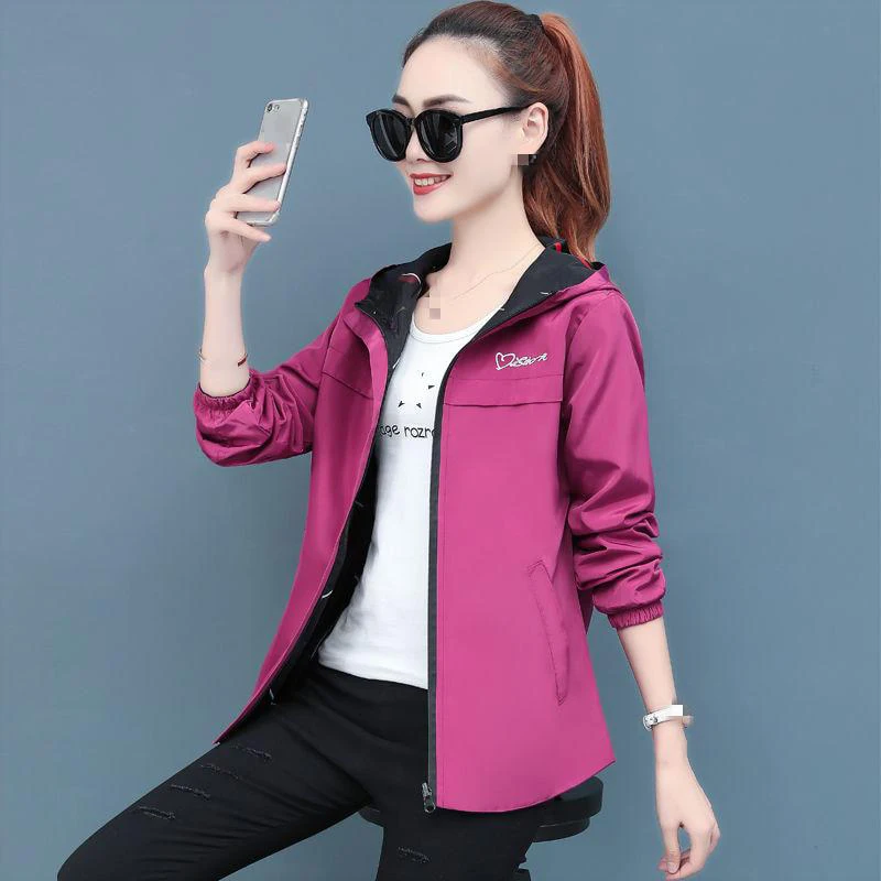 

Spring Autumn Women Jacket Fashion Hooded Two Side Wear Cartoon Print Outwear Loose Coat Windbreaker Tops