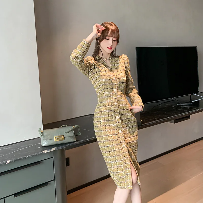 Женское шерстяное пальто Элегантное однобортное приталенное в клетку для зимы |