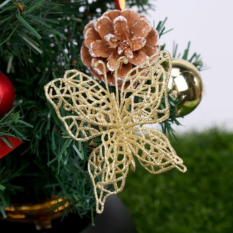 

10PCS PE Glitter Powder Butterfly Artificial Flowers For Mall Window Christmas Tree Decoration Ornament Pendant Christmas Gift