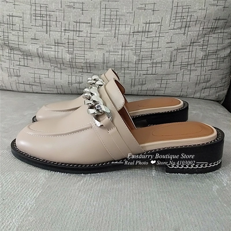 Модные женские тапочки с цепочками; цвет черный, белый, розовый; Качественная кожаная обувь с круглым носком на плоской подошве; обувь для подиума с закрытым носком; Летняя женская обувь - Цвет: Apricot Chains