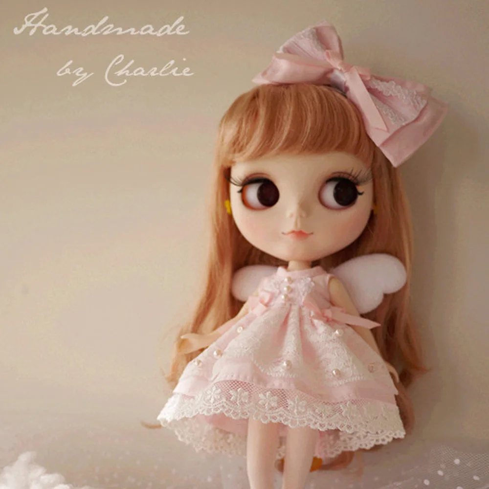 

doll dress suitable for joint Doll for licca azone ob27 OB24 for OB11 Hand made Lace pink dress 10.29.1